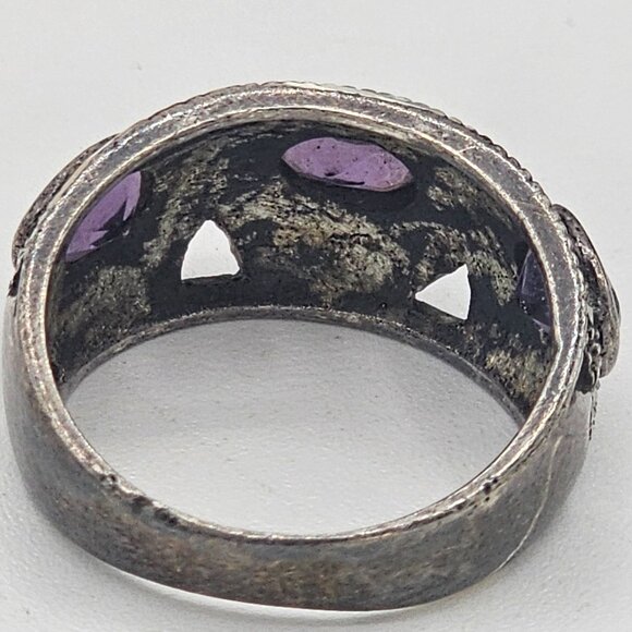 Vintage Sterling Purple Stone Marcasite Ring Intricate Filigree Design Sz 7 - Picture 3 of 9